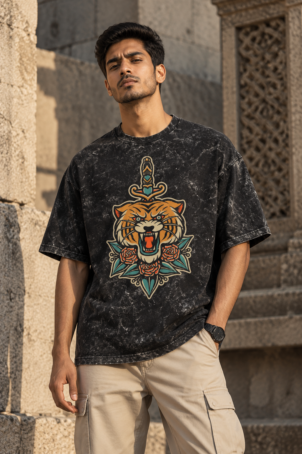 RAJIRU TIGER BLADE acid washed oversized graphic T-shirt