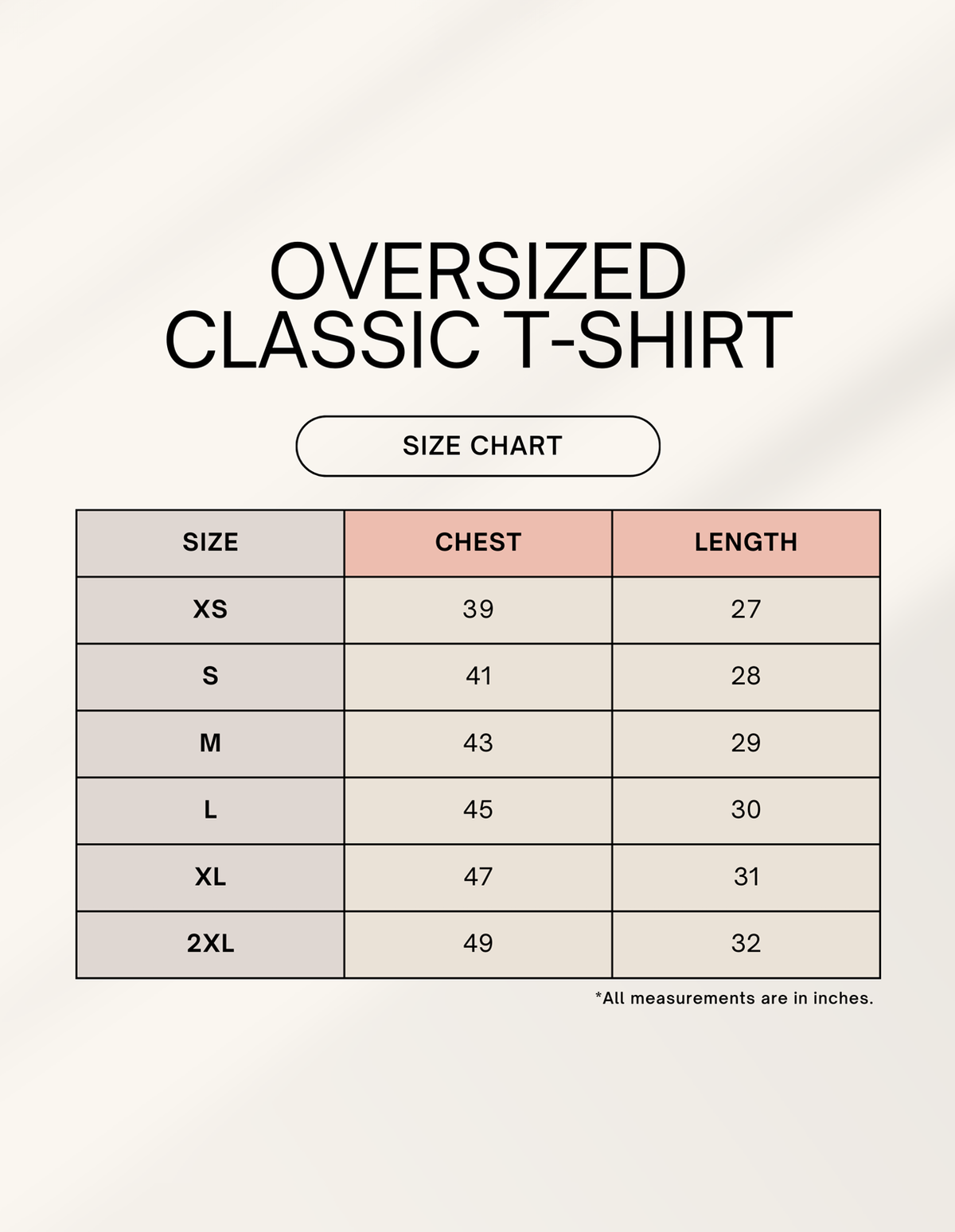 Unisex oversized t-shirt 240 GSM size chart