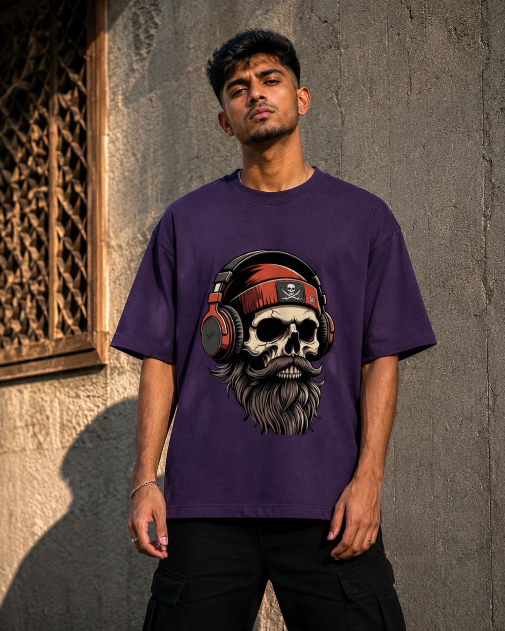 RAJIRU Skull DJ red oversized graphic T-shirt product image