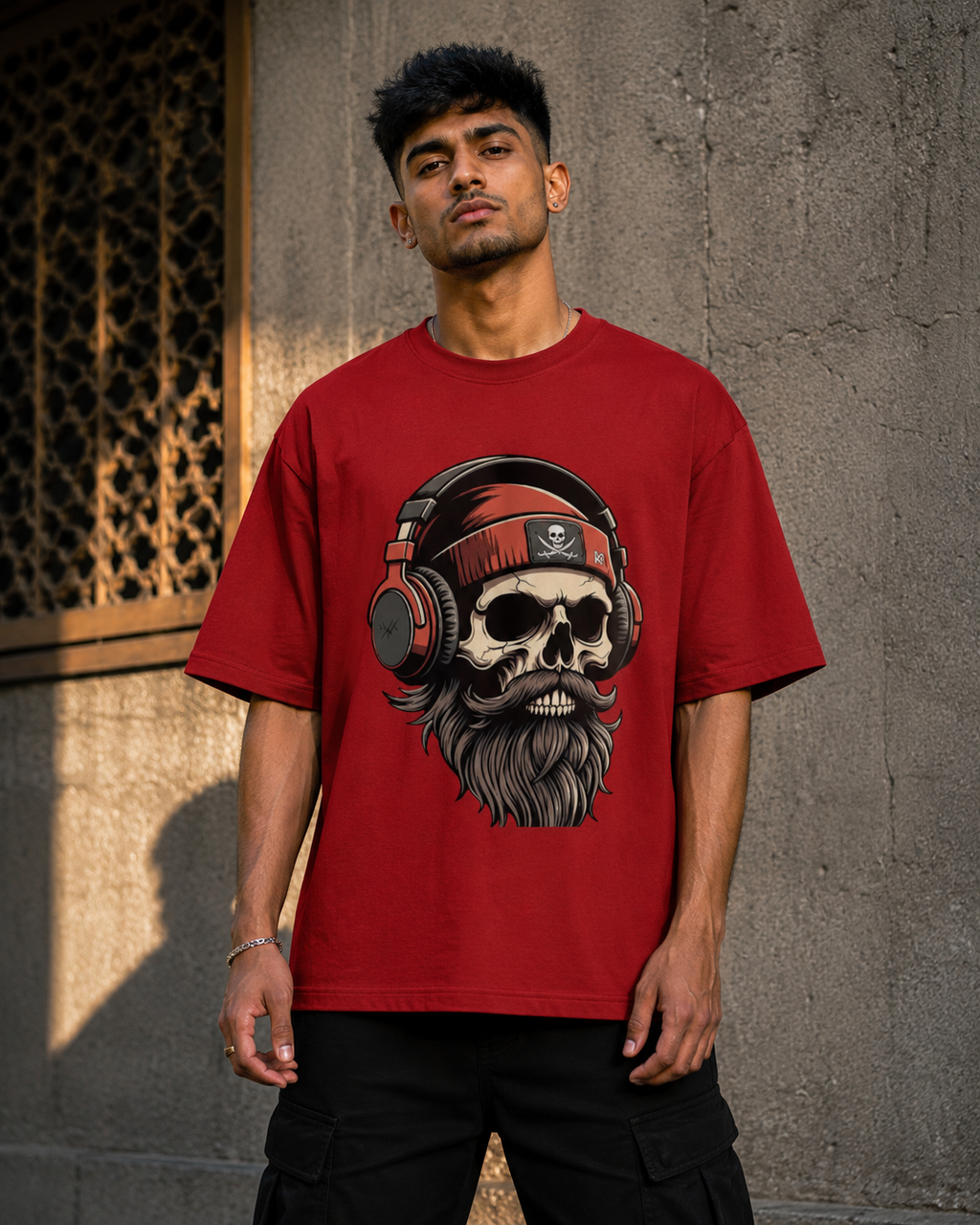 RAJIRU Skull DJ red oversized graphic T-shirt product image 2