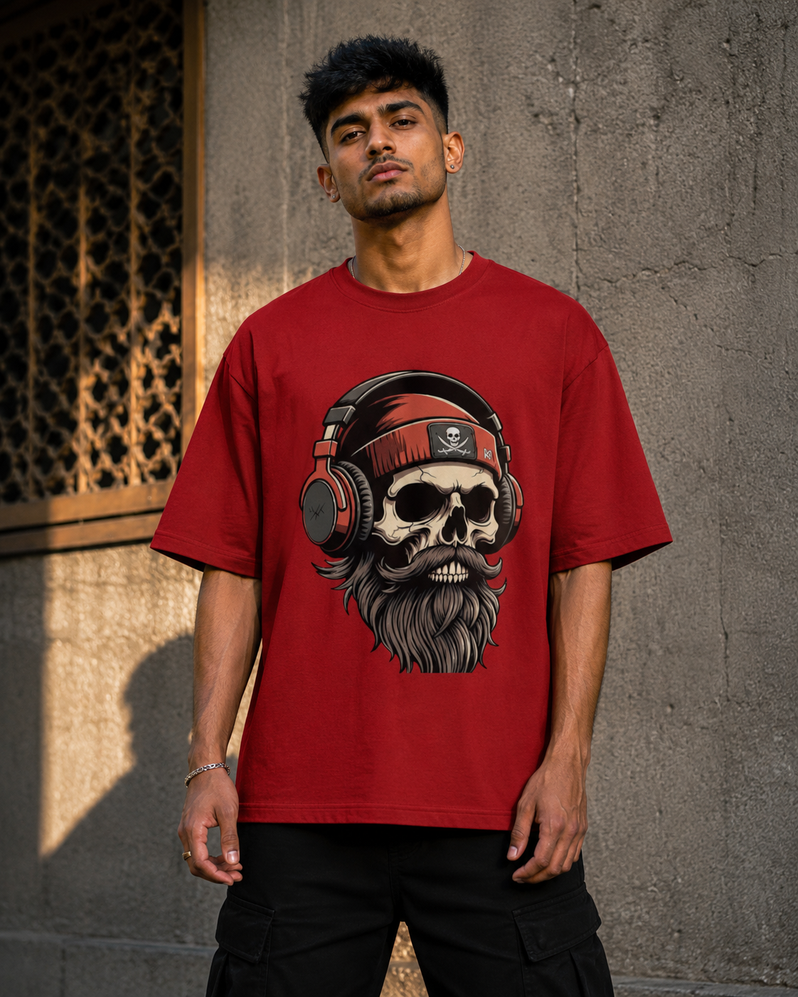 RAJIRU Skull DJ red oversized graphic T-shirt product image 2