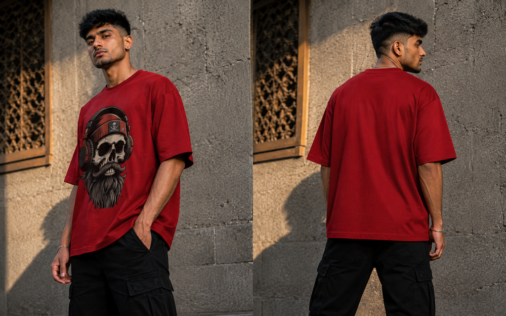 RAJIRU Skull DJ red oversized graphic T-shirt product image 3
