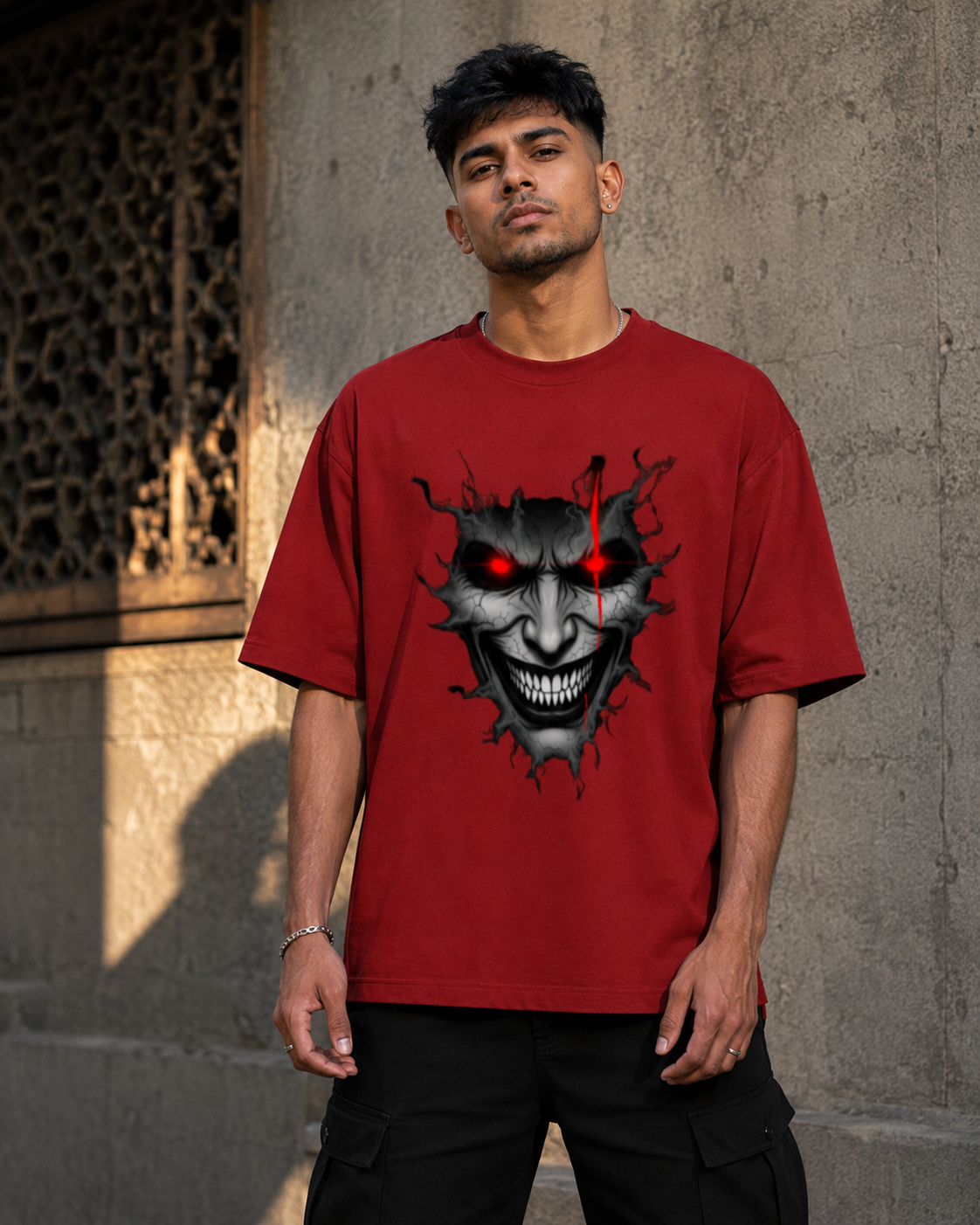 RAJIRU DARK GRIN red oversized graphic T-shirt front artwork