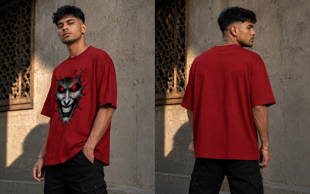 RAJIRU DARK GRIN red oversized graphic T-shirt back view