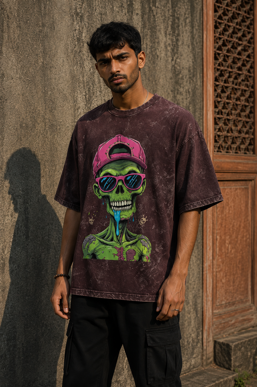 RAJIRU Zombie Skull Neon Undead acid-wash oversized graphic T-shirt front view