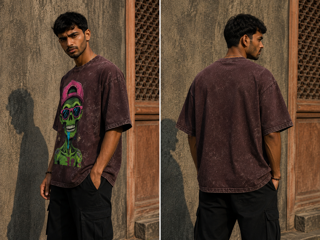 RAJIRU Zombie Skull Neon Undead acid-wash oversized T-shirt back view