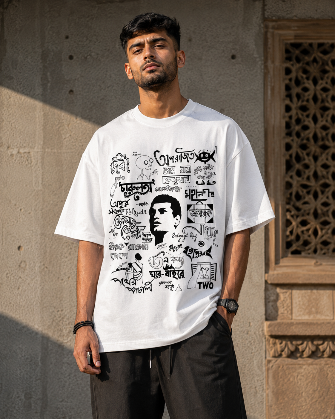 RAJIRU Bengali Art and Culture white oversized graphic T-shirt front view