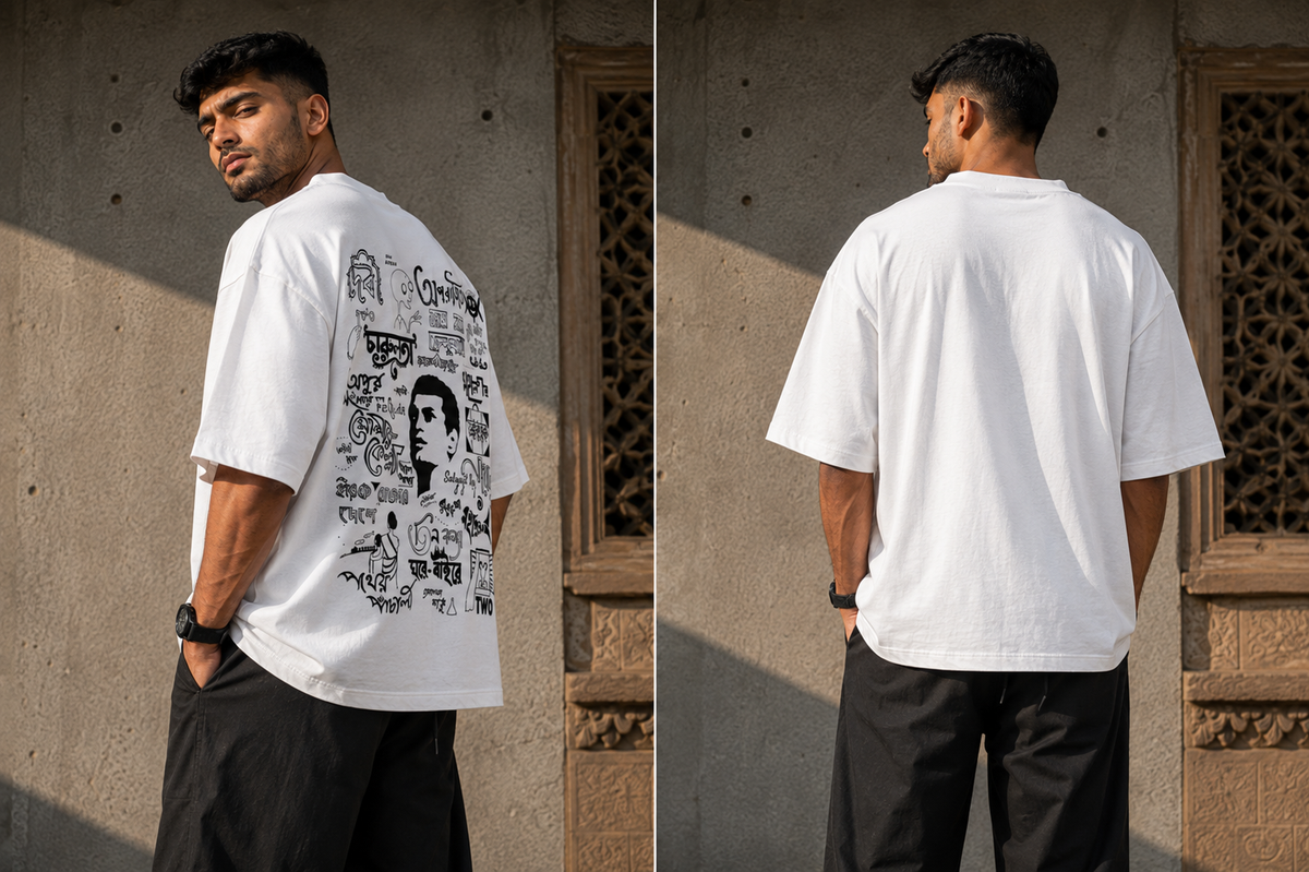 RAJIRU Bengali Art and Culture white oversized graphic T-shirt back view