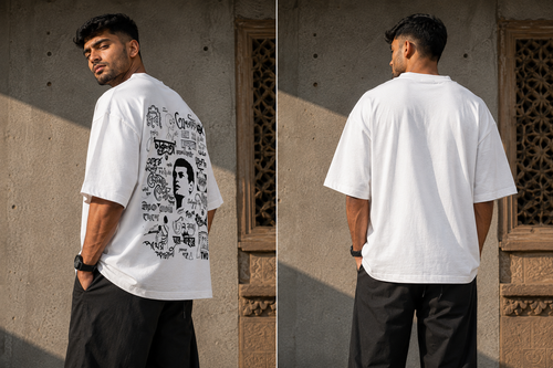 RAJIRU Bengali Art and Culture white oversized graphic T-shirt back view