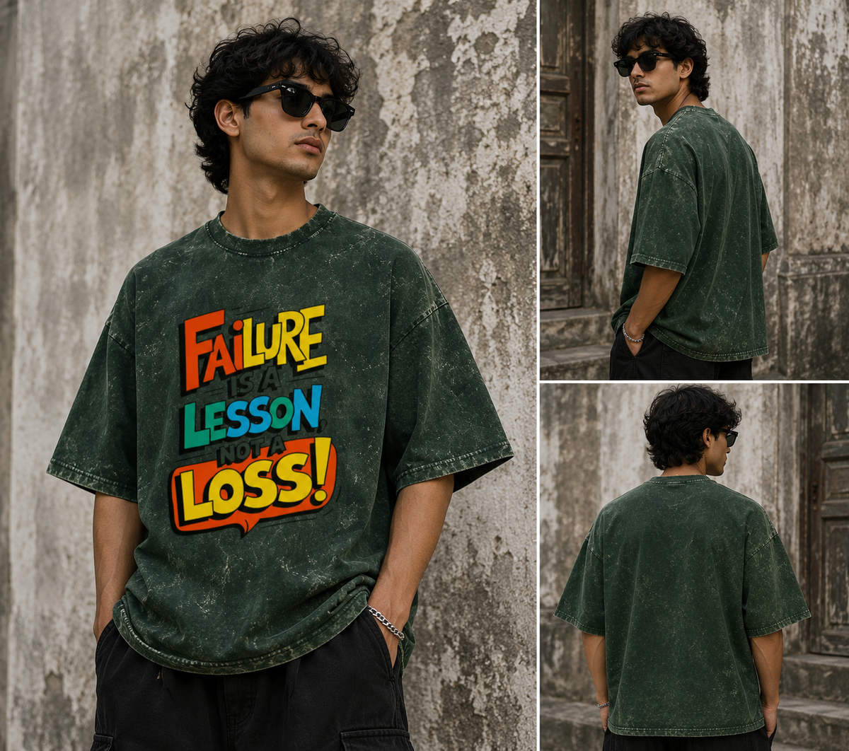 RAJIRU Failure Is a Lesson Not a Loss bottle green acid-wash oversized graphic T-shirt