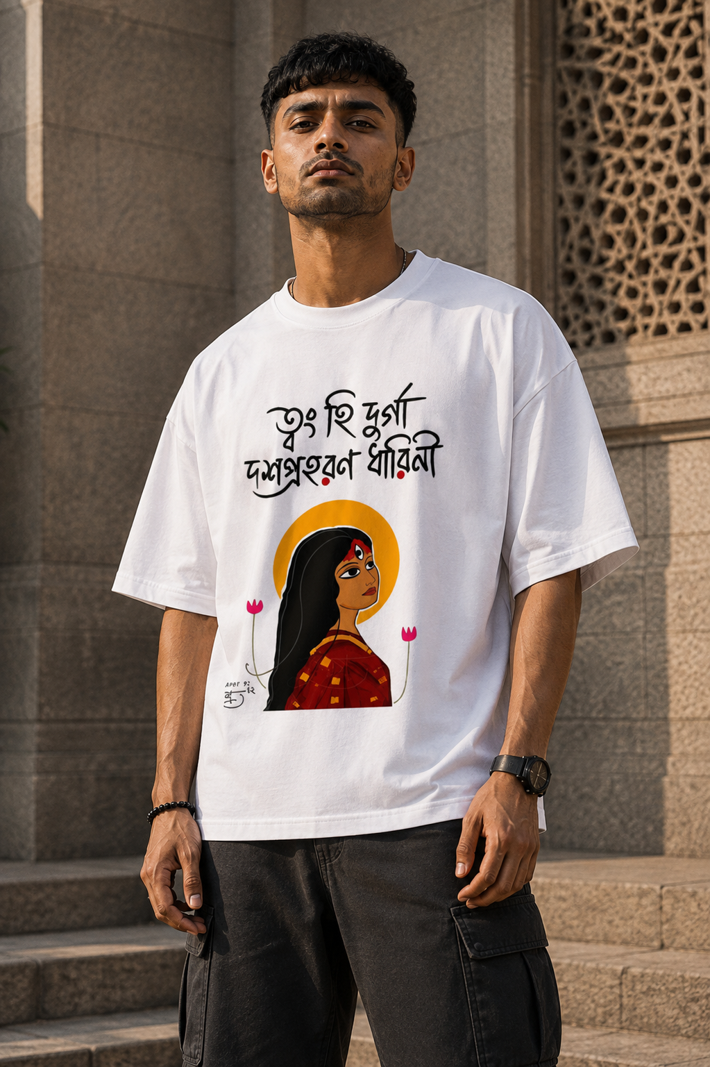 RAJIRU Durga Puja Bengali Art premium oversized graphic T-shirt