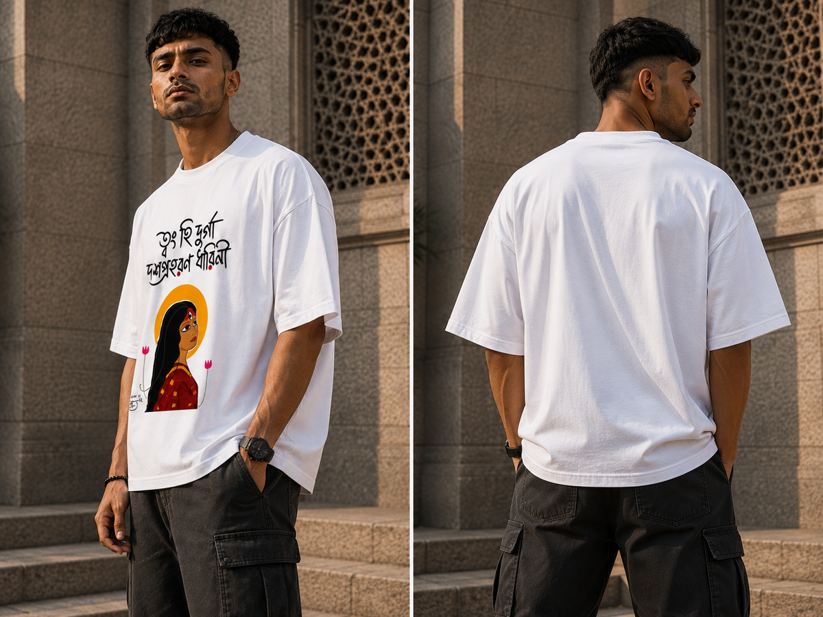 RAJIRU Durga Puja Bengali Art oversized T-shirt back view
