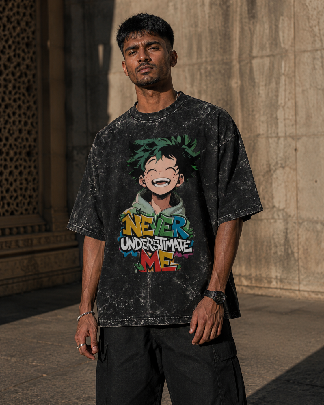 RAJIRU Never Underestimate Me anime acid wash oversized T-shirt product image