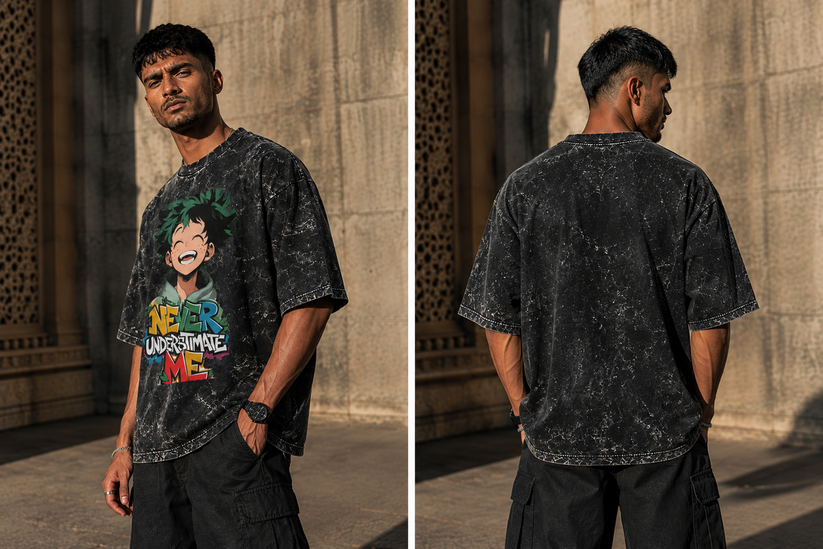 RAJIRU Never Underestimate Me anime acid wash oversized T-shirt detail image