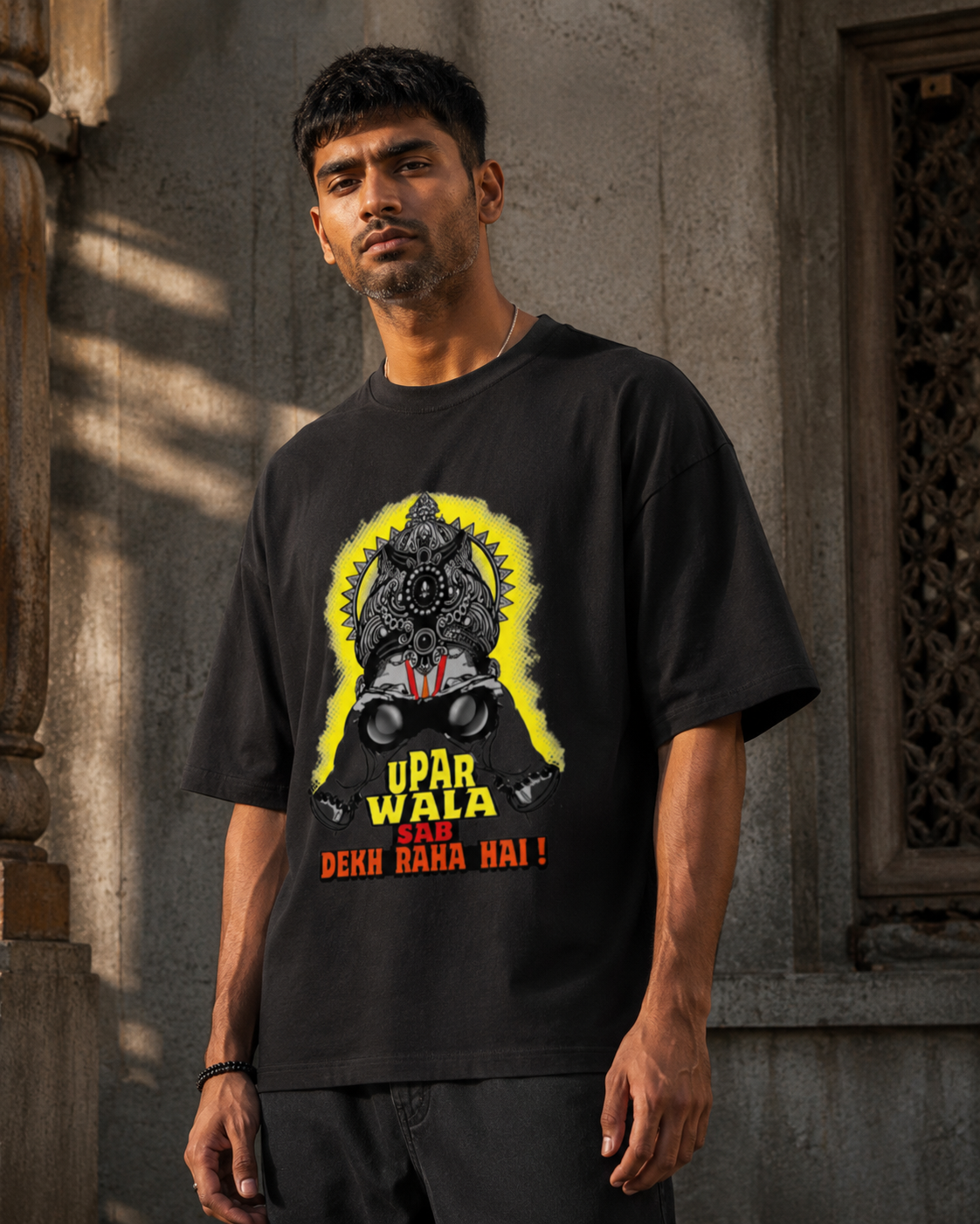 RAJIRU Upar Wala Sab Dekh Raha Hai oversized graphic T-shirt product image