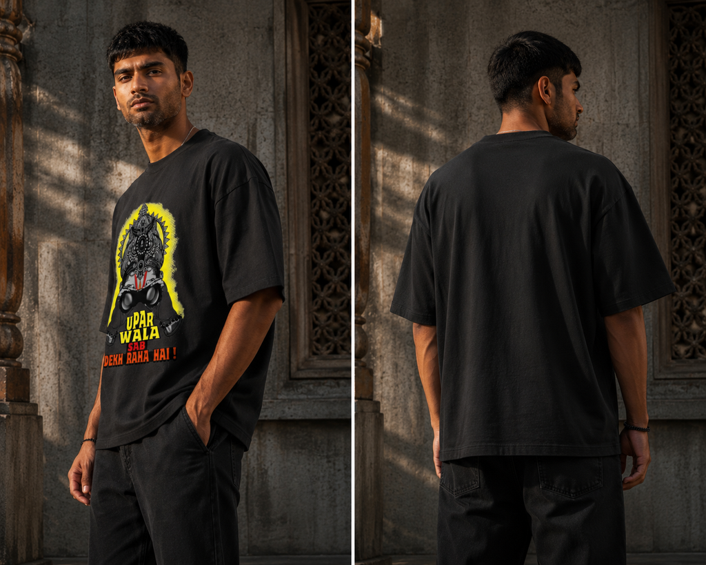 RAJIRU Upar Wala Sab Dekh Raha Hai oversized graphic T-shirt detail image