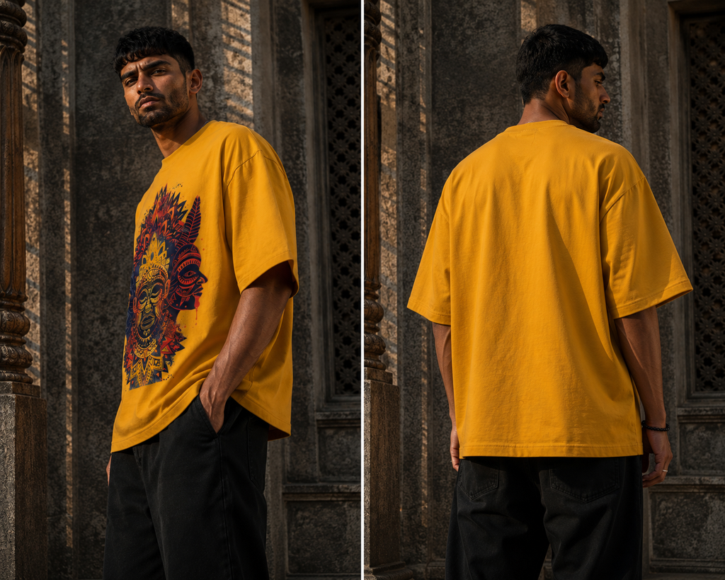 RAJIRU Divine Mask Shakti oversized graphic T-shirt detail image