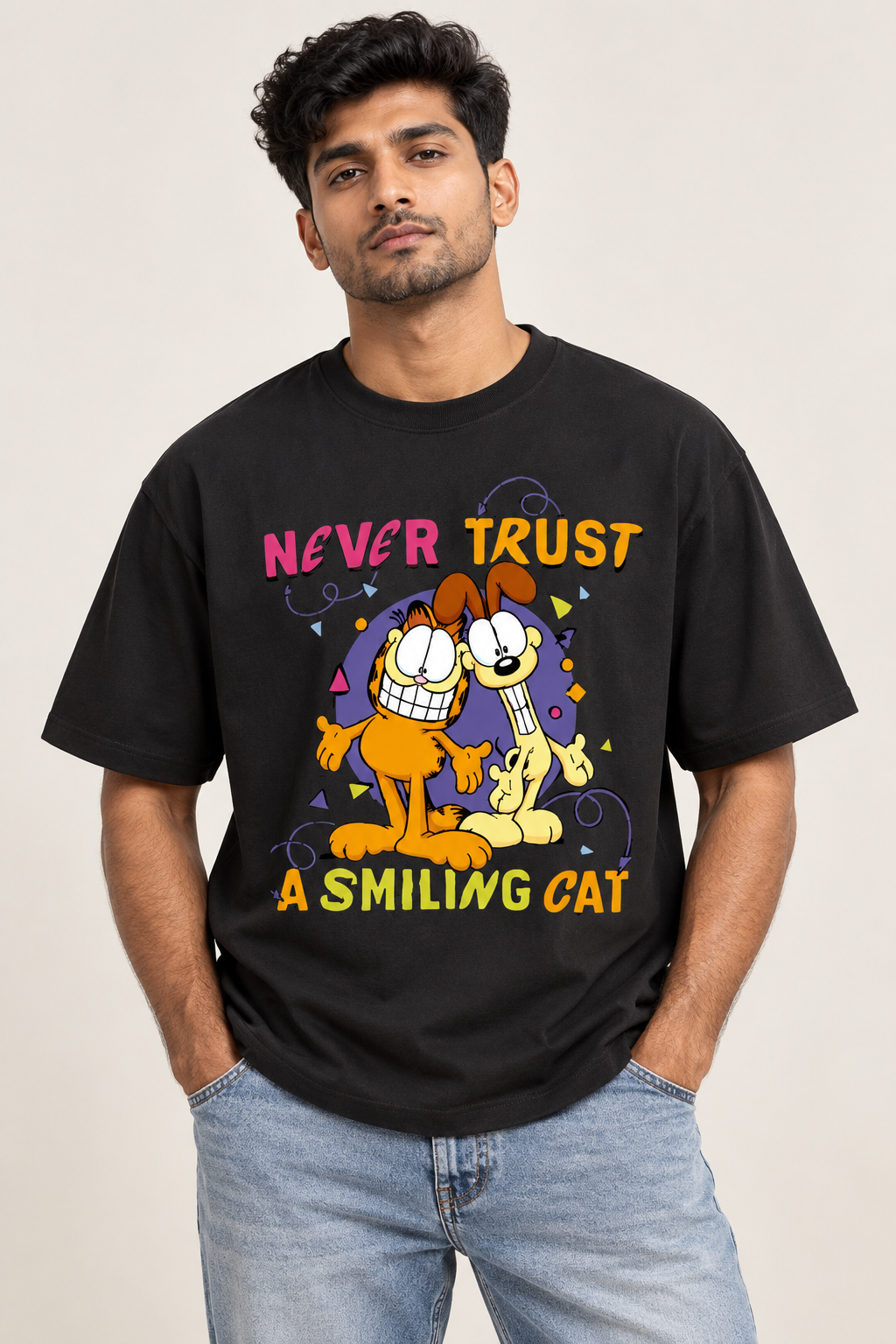 Never Trust a Smiling Cat Oversized Graphic T-Shirt