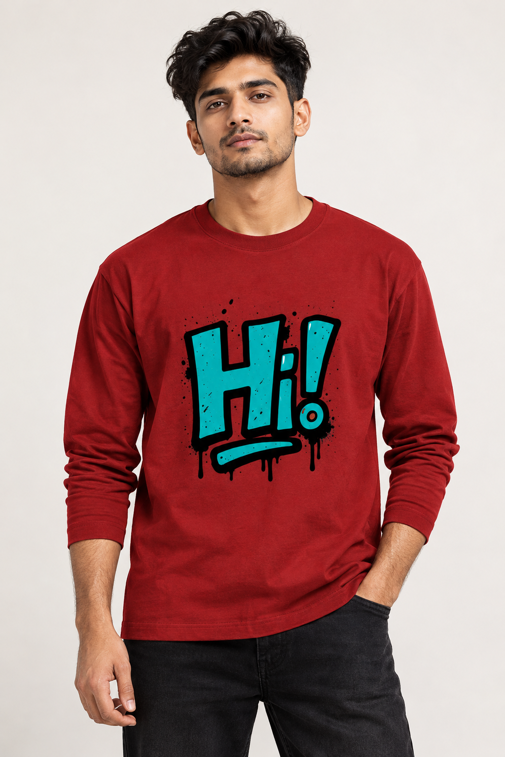 RAJIRU Hi! Graphic Full Sleeve Graphic T-Shirt