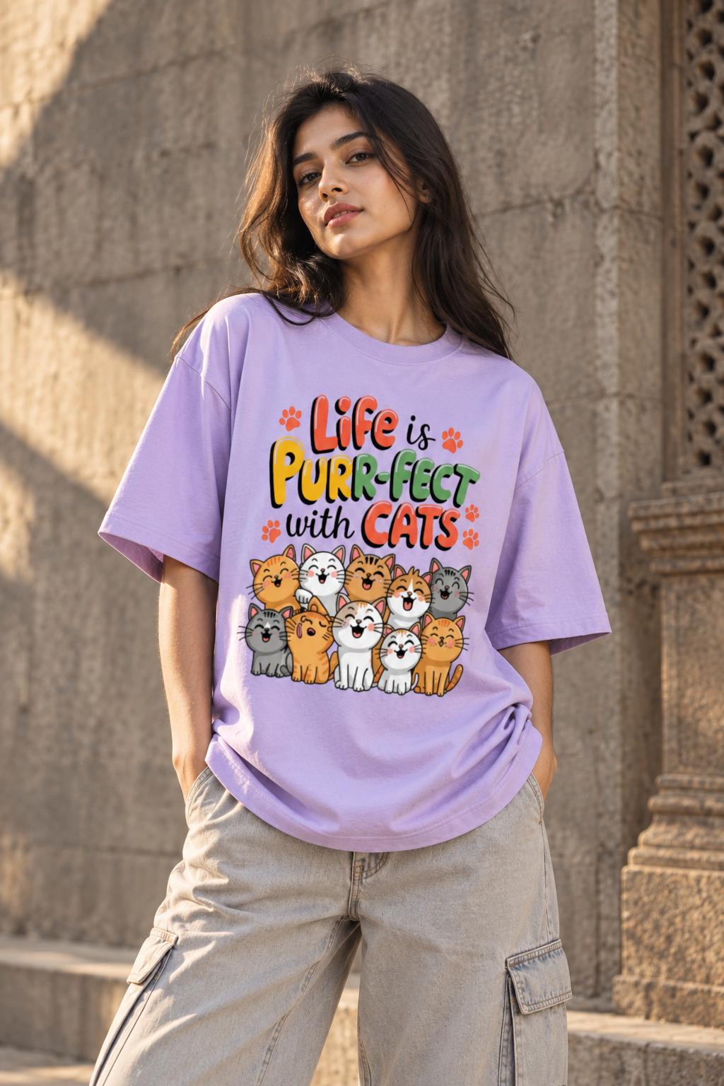Purrfect Cats Oversized Graphic T-Shirt