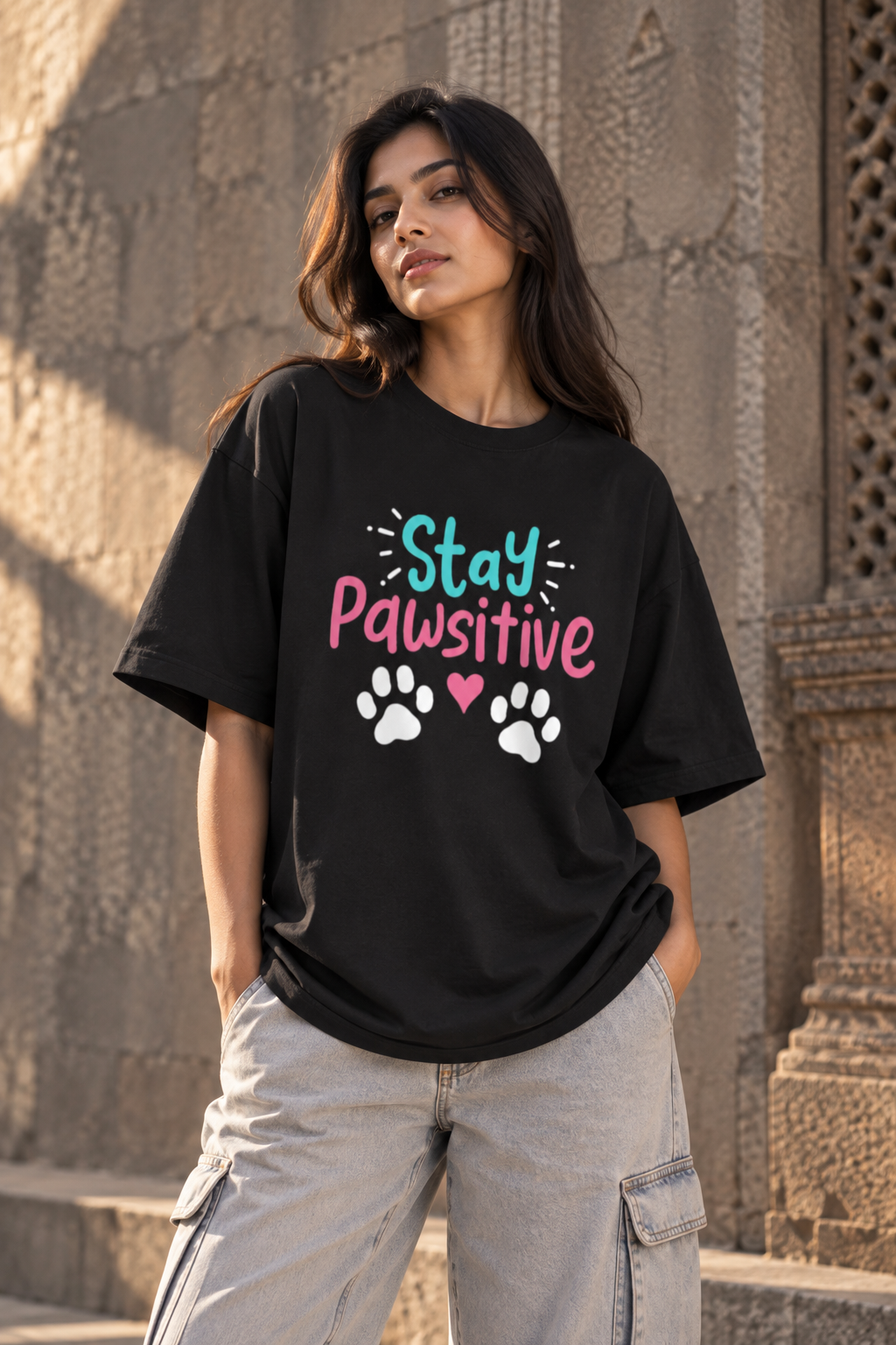 Stay Pawsitive Cute Graphic T-Shirt
