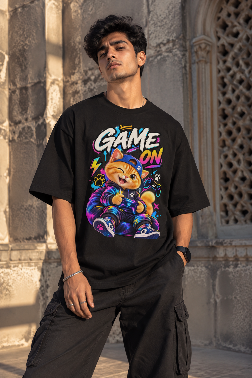 Gamer Cat Oversized Graphic T-Shirt