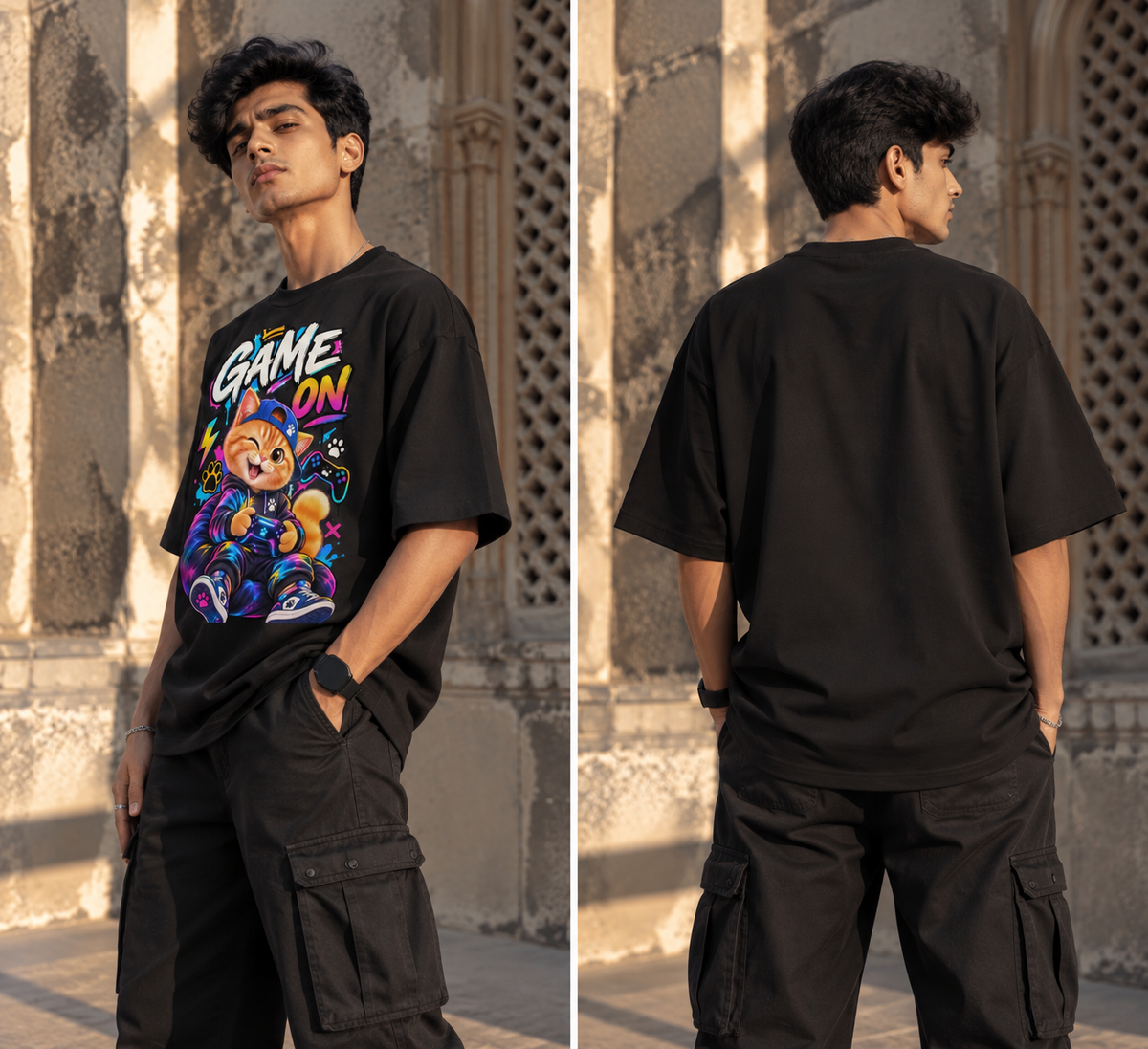 Gamer Cat Oversized Graphic T-Shirt
