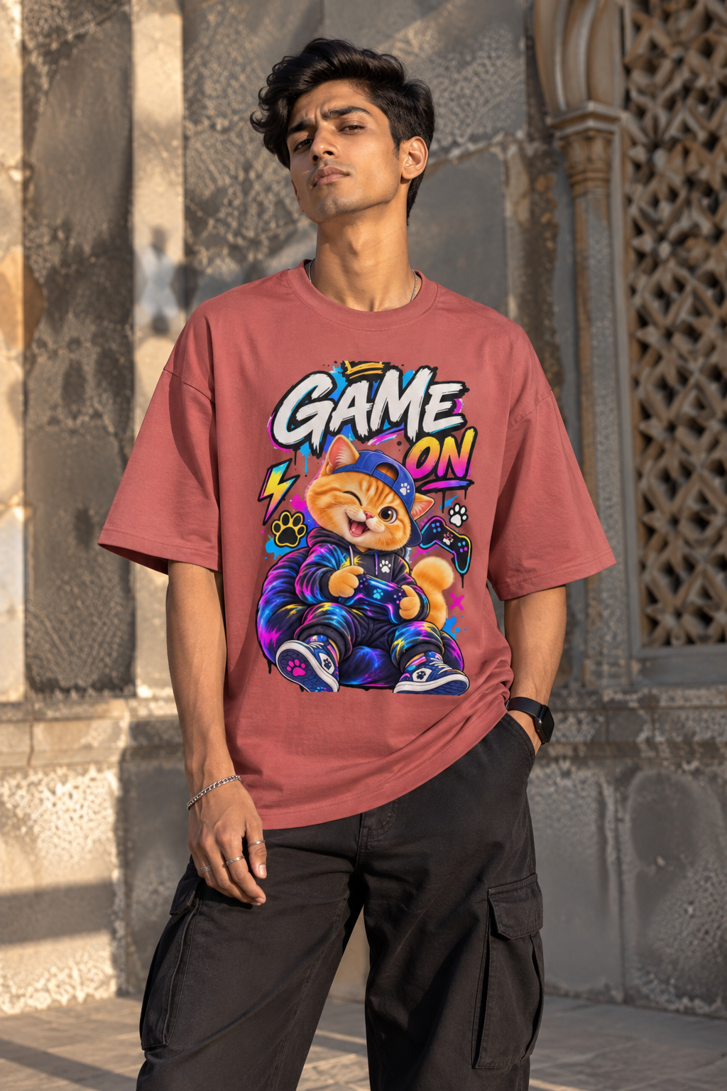 Gamer Cat Oversized Graphic T-Shirt