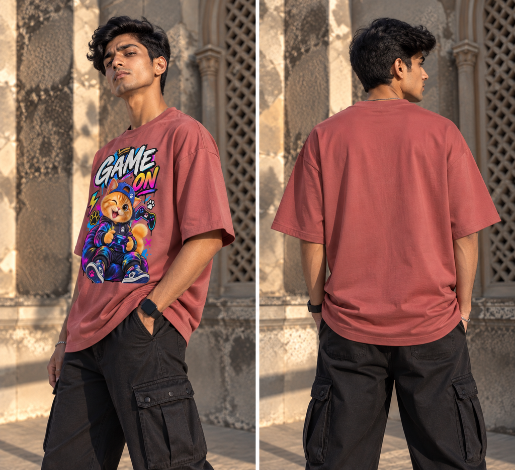 Gamer Cat Oversized Graphic T-Shirt