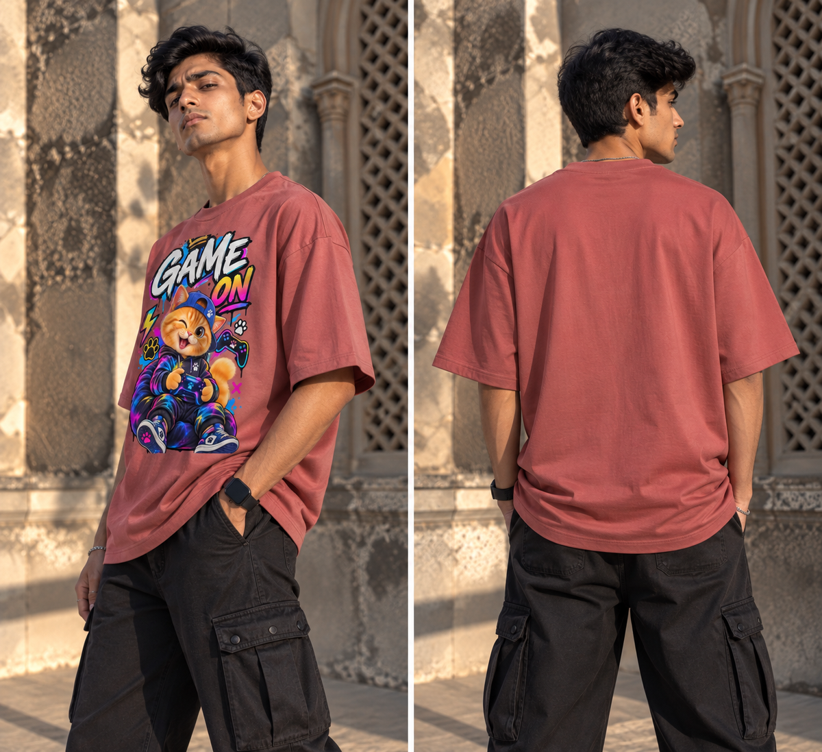 Gamer Cat Oversized Graphic T-Shirt