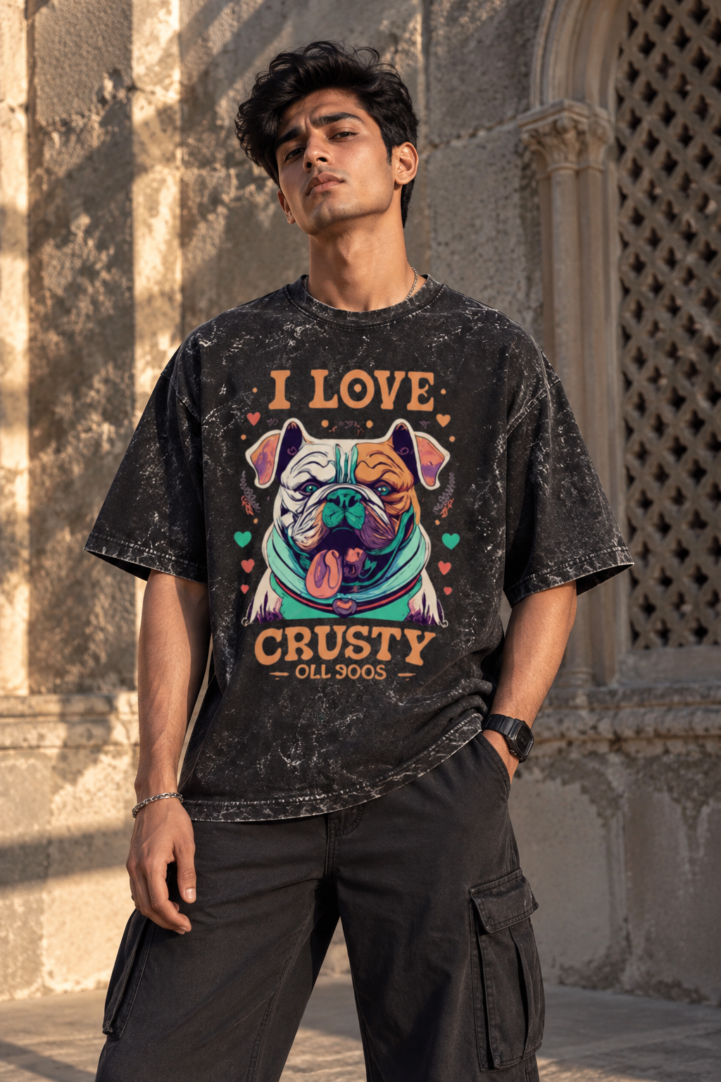 Vintage Bulldog Acid Wash Oversized Graphic T-Shirt