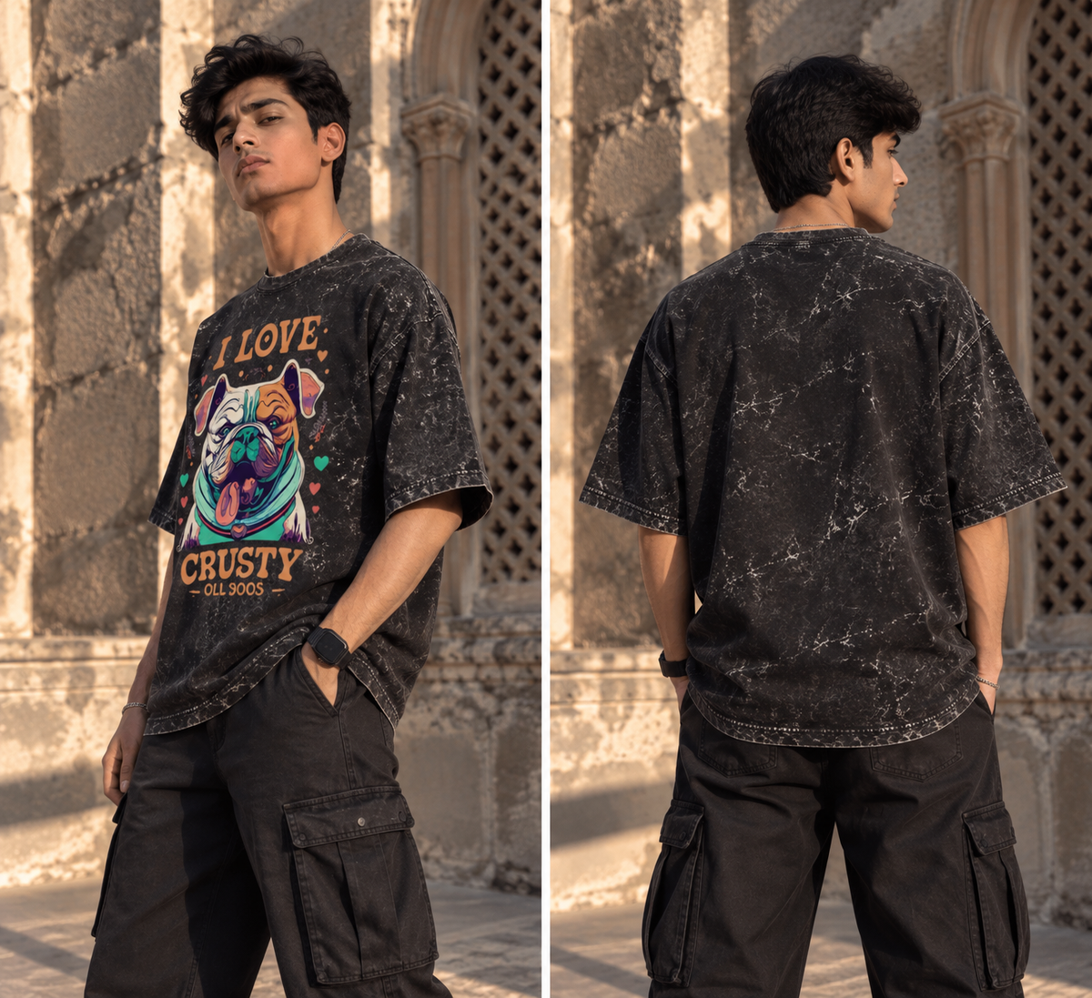 Vintage Bulldog Acid Wash Oversized Graphic T-Shirt