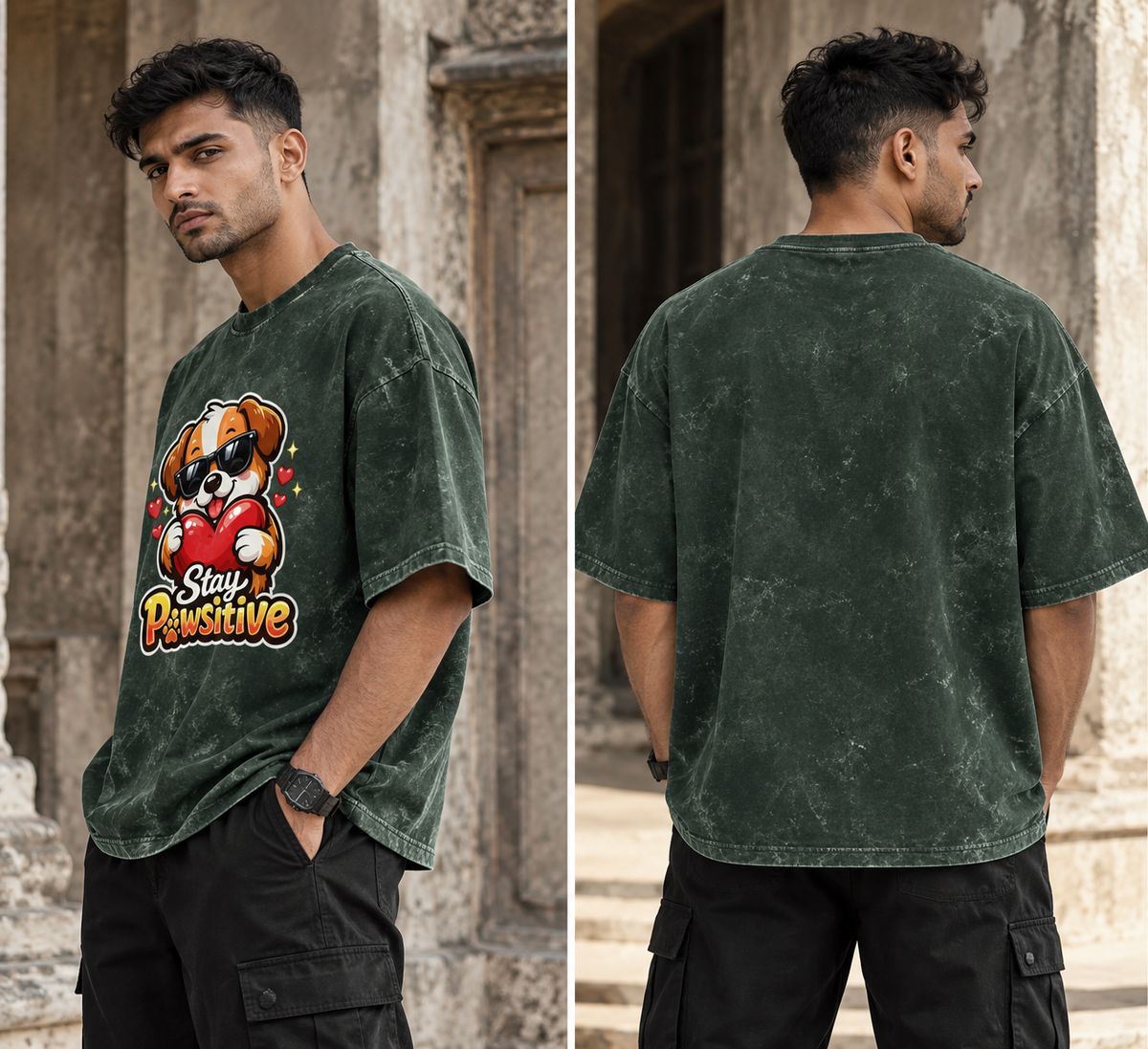Stay Pawsitive Oversized Vintage Acid Washed Graphic T-Shirt