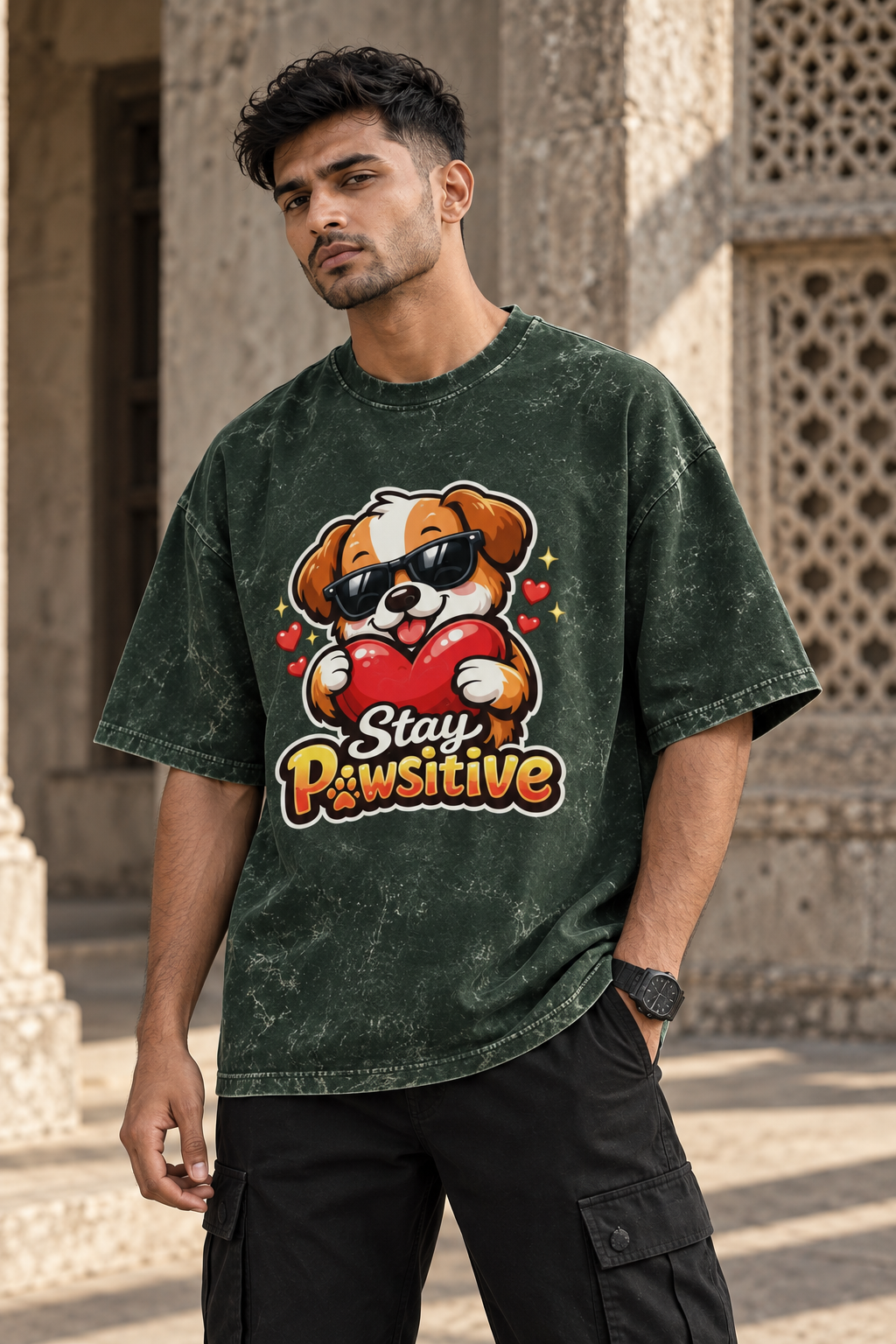 Stay Pawsitive Oversized Vintage Acid Washed Graphic T-Shirt