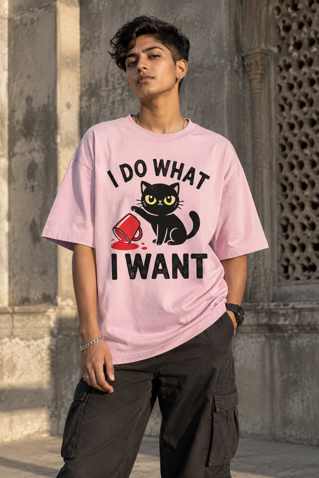 I Do What I Want Black Cat Oversized Graphic T-Shirt
