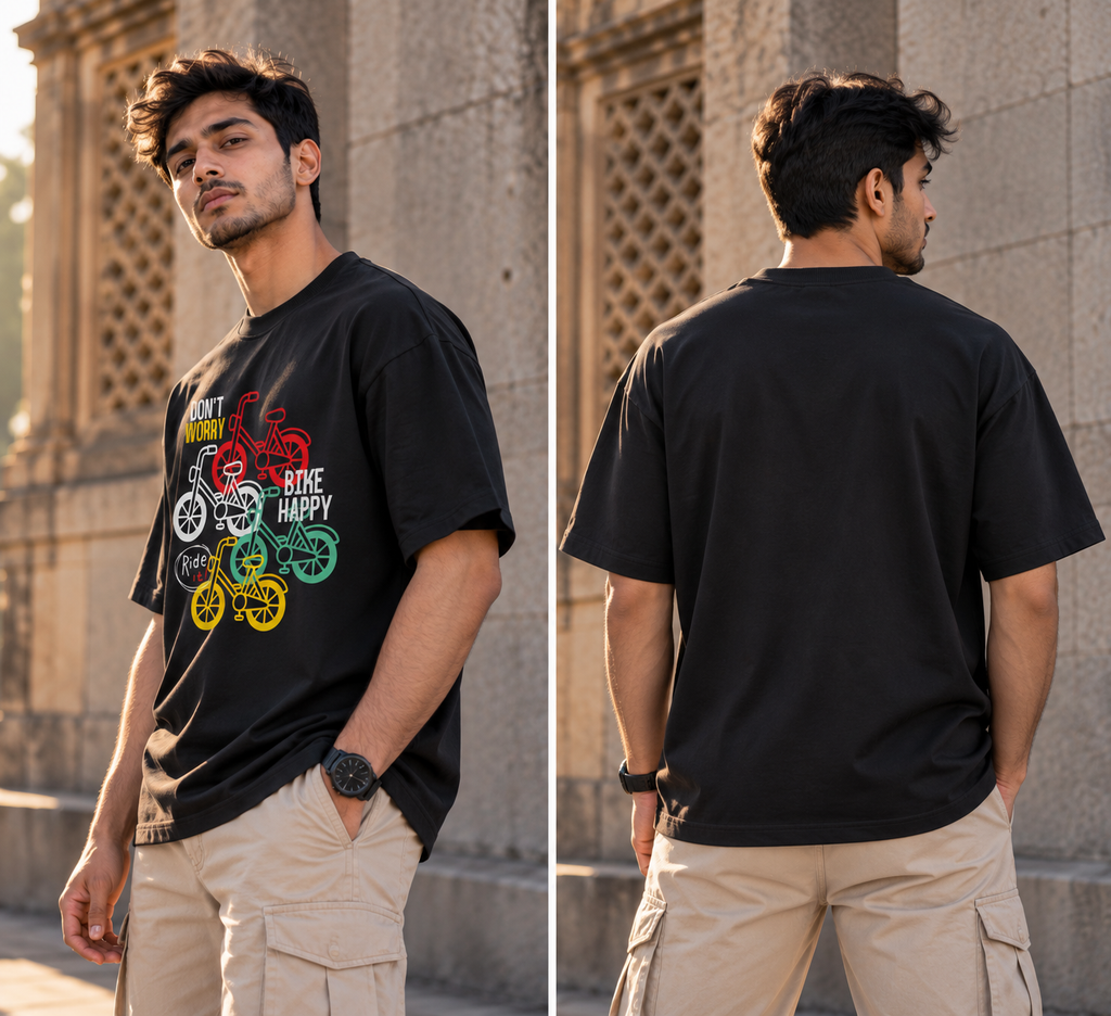 RAJIRU Bike Happy Oversized Graphic T-Shirt | Cycling Streetwear