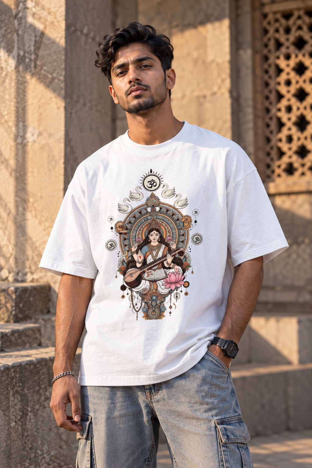 Saraswati Divine Art Oversized Graphic T-Shirt | Maa Saraswati Tee
