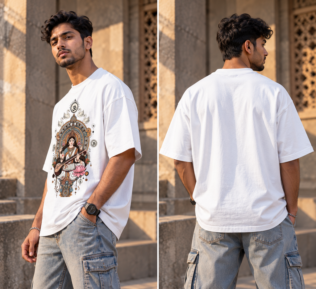 Saraswati Divine Art Oversized Graphic T-Shirt | Maa Saraswati Tee