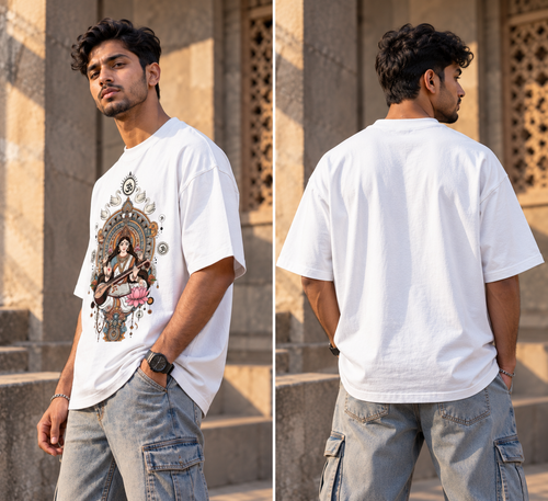 Saraswati Divine Art Oversized Graphic T-Shirt | Maa Saraswati Tee