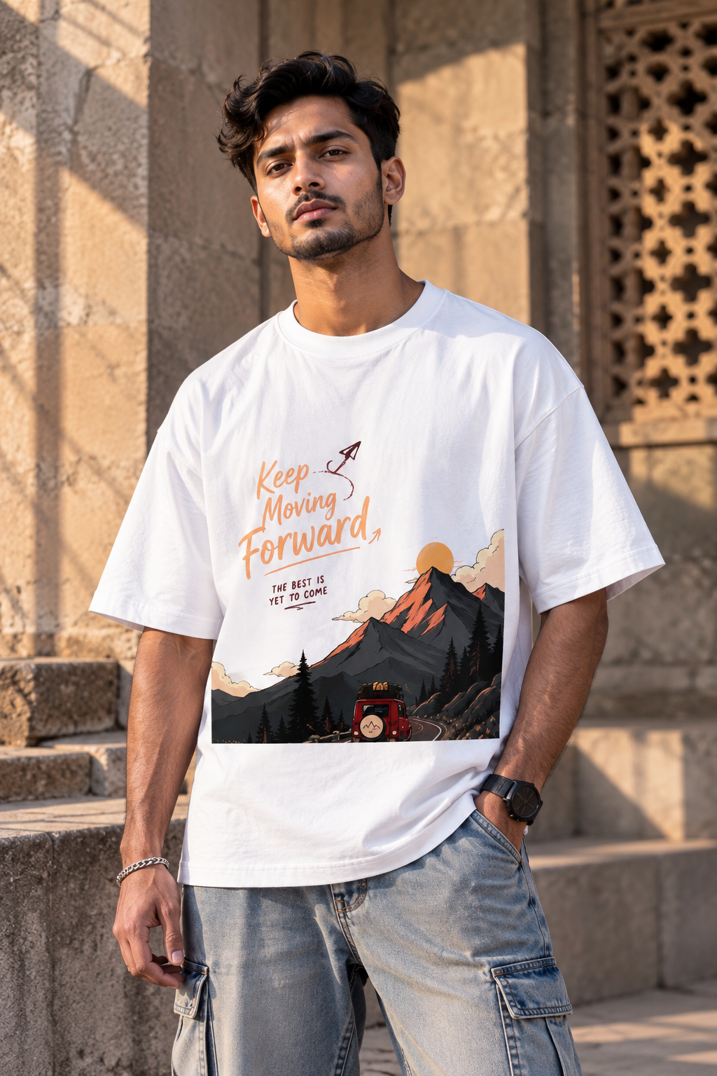 Keep Moving Forward Oversized Graphic T-Shirt | Motivational Mountain Tee