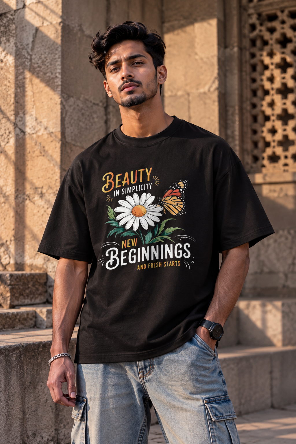 Beauty in Simplicity Oversized Graphic T-Shirt | Floral Butterfly Tee