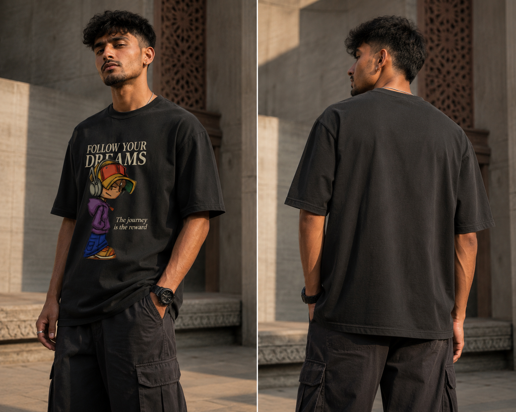 RAJIRU Follow Your Dreams black oversized T-shirt back view