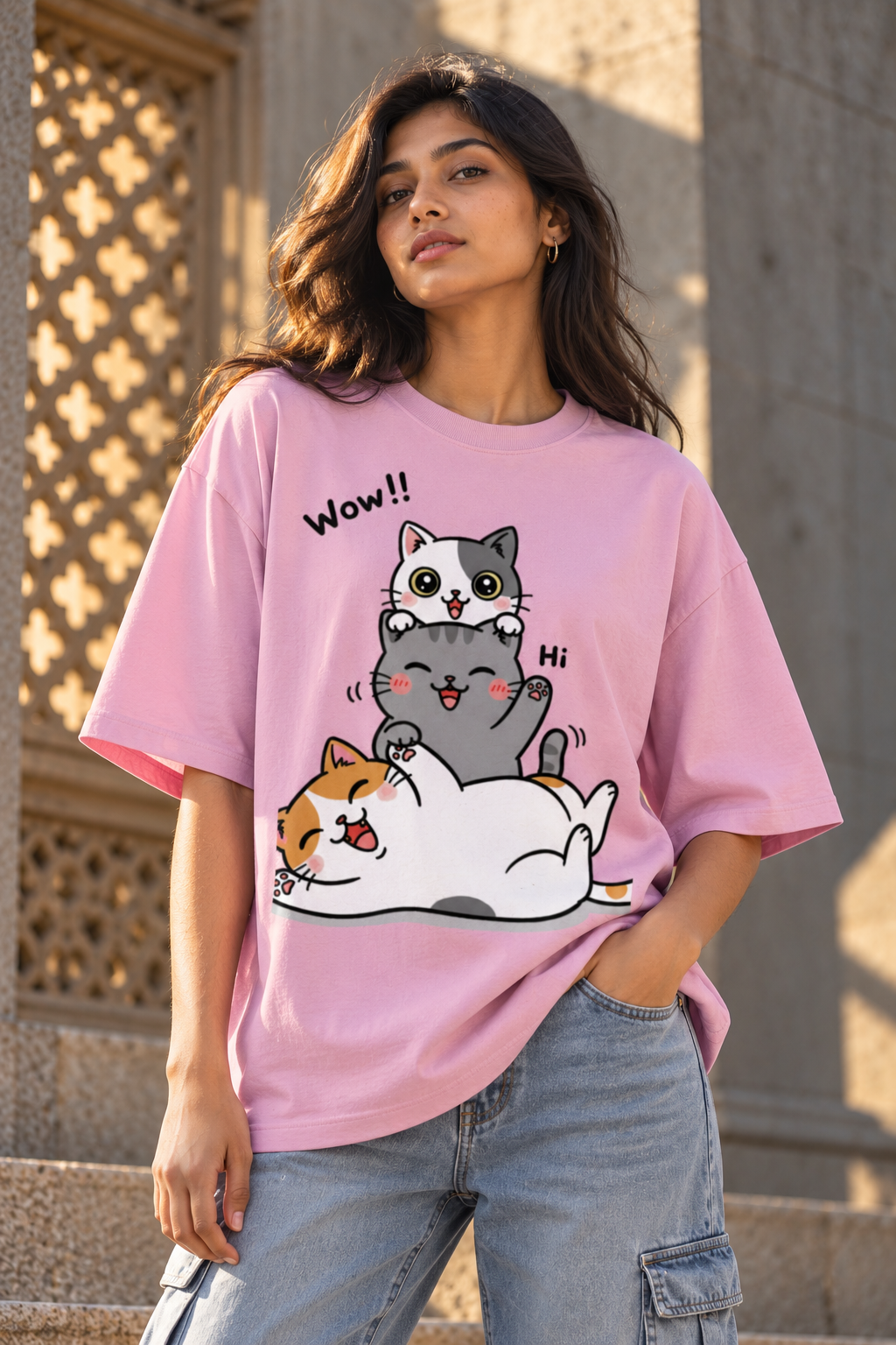 Cute Cat Stack Oversized Graphic T-Shirt