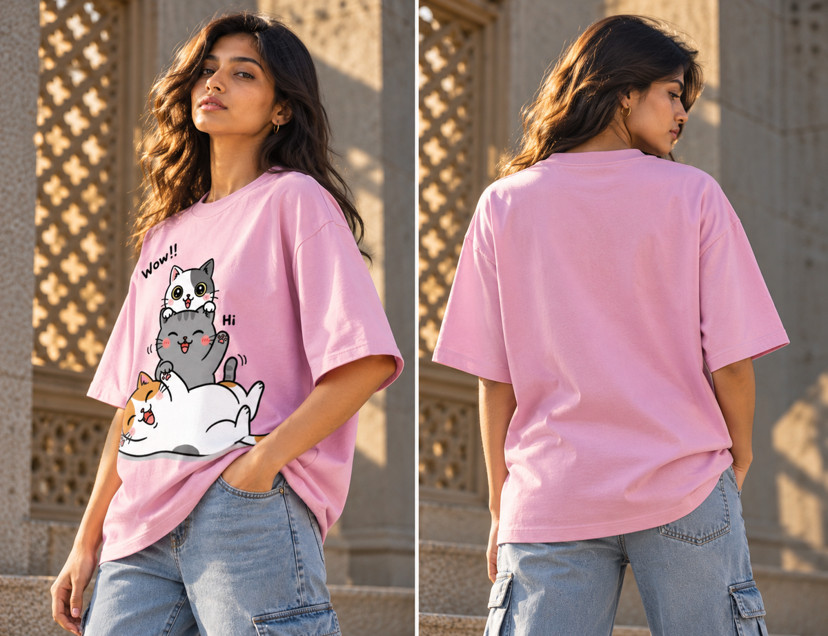 Cute Cat Stack Oversized Graphic T-Shirt