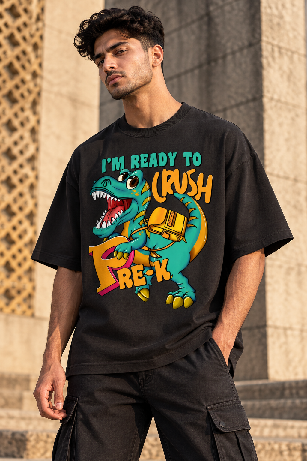 Ready to Crush It Dinosaur Graphic Oversized T-Shirt