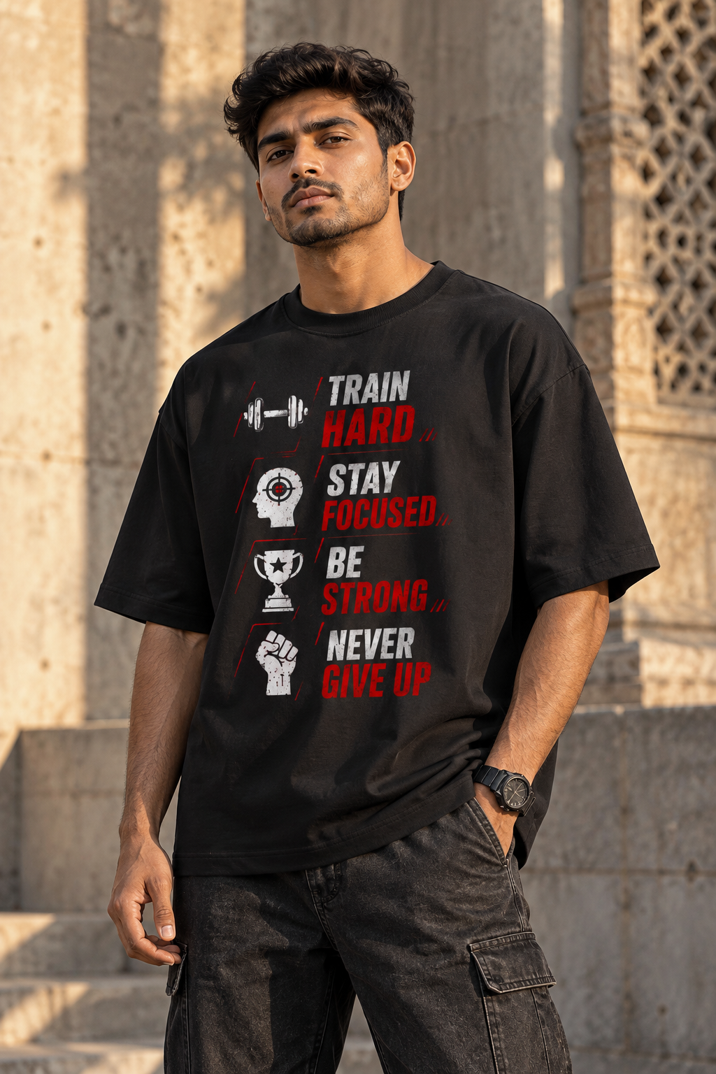 Train Hard Stay Focused Oversized Graphic T-Shirt