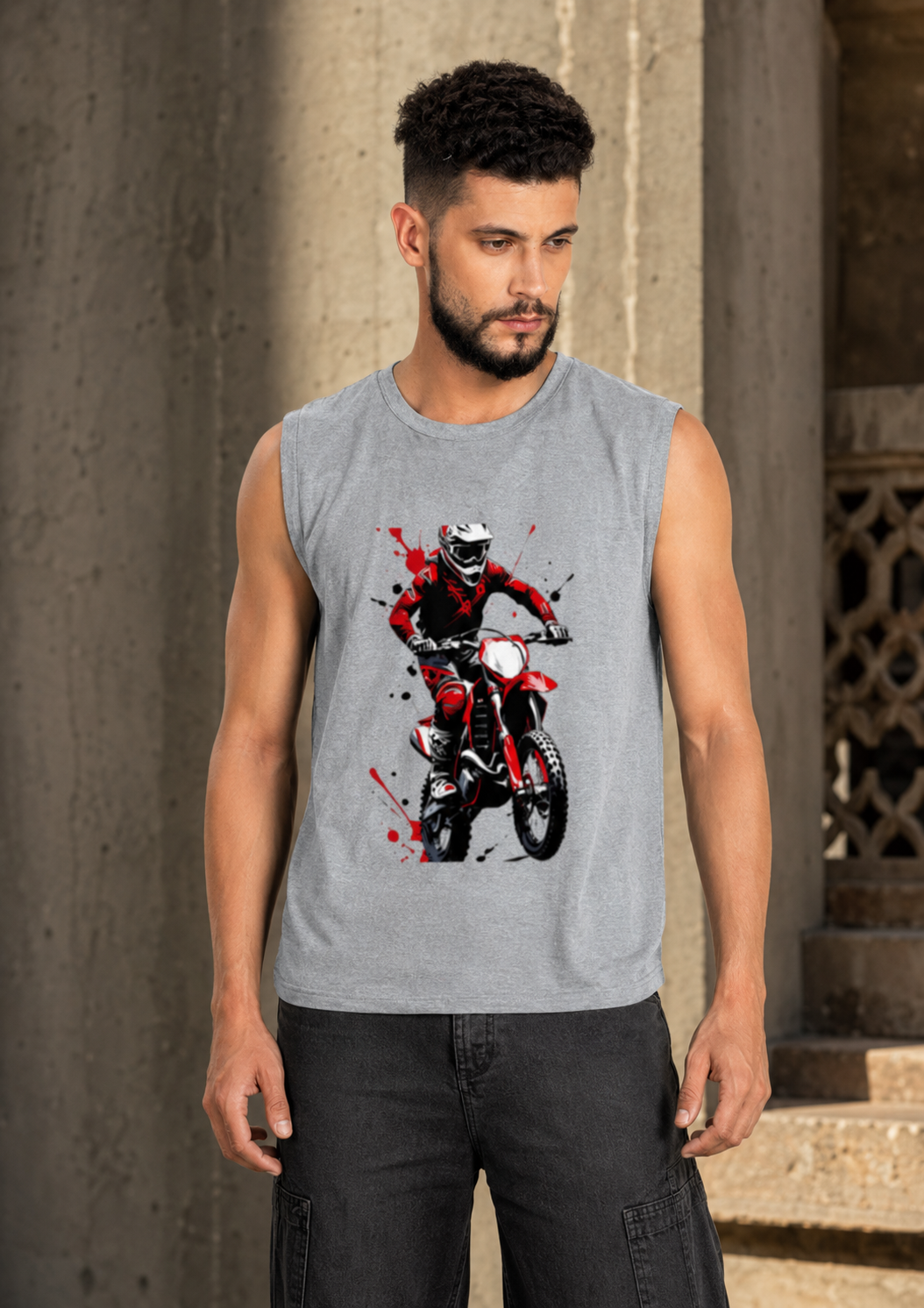 RAJIRU Redline Rider motocross streetwear sleeveless graphic T-shirt
