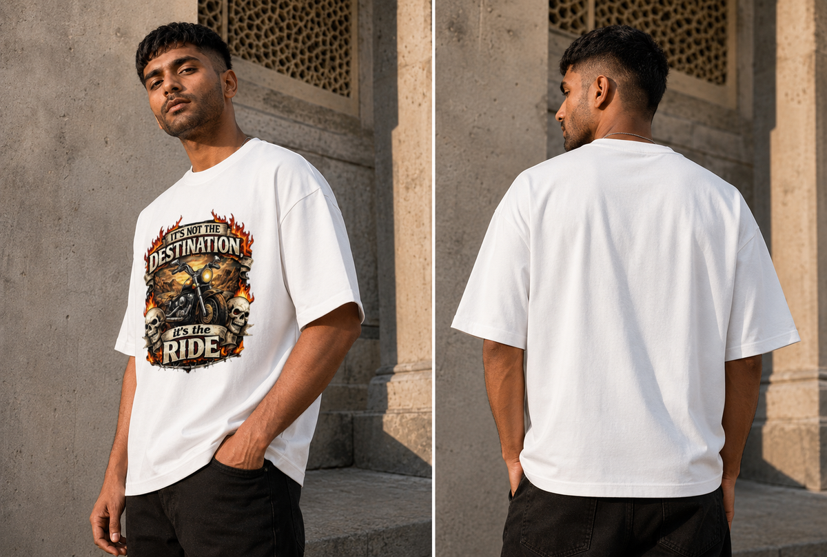 RAJIRU Vintage Motorcycle Born to Ride oversized T-shirt back view