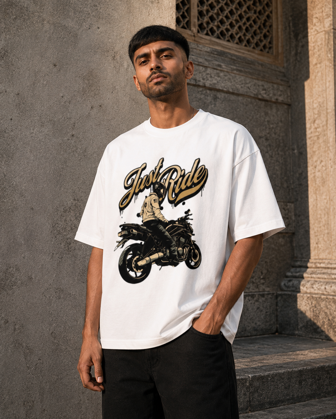 RAJIRU Just Ride vintage motorcycle oversized graphic T-shirt product image