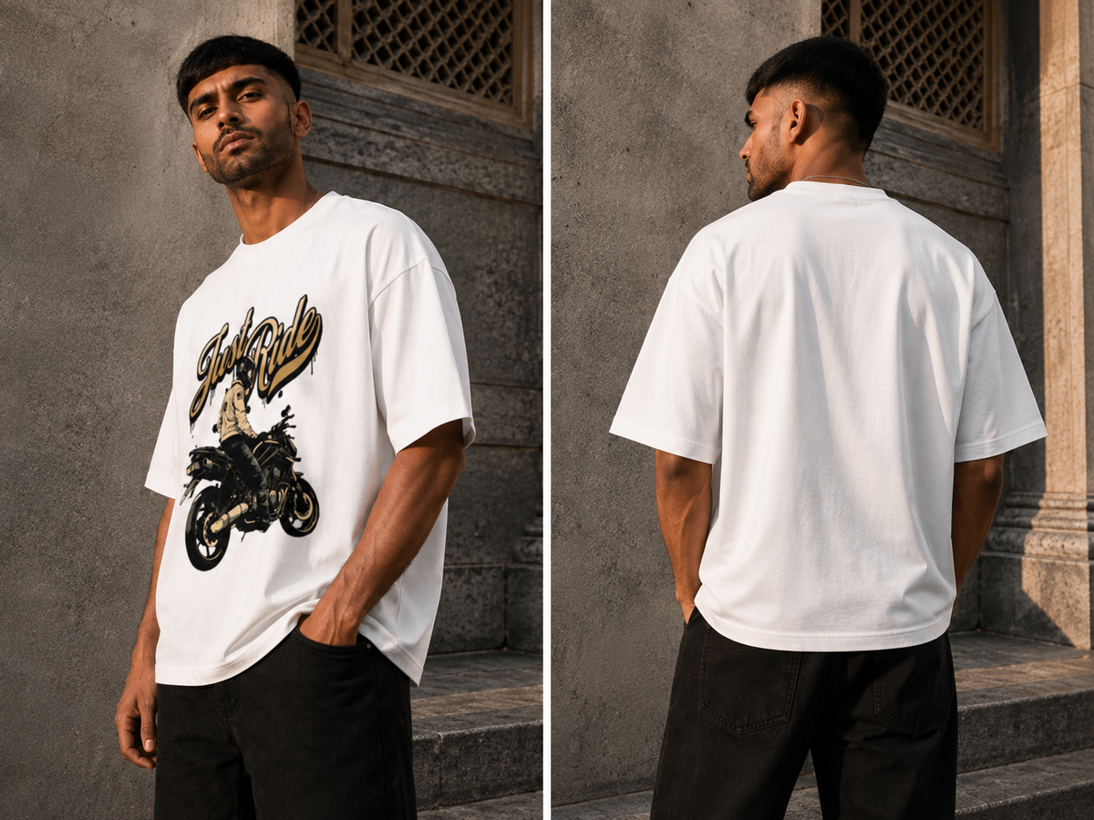 RAJIRU Just Ride vintage motorcycle oversized graphic T-shirt detail image